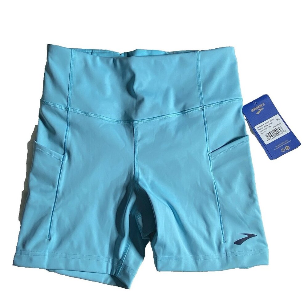 Brooks Women Size XS Method 5” Short Tights Vivid Teal Wicking 4 Way Stretch